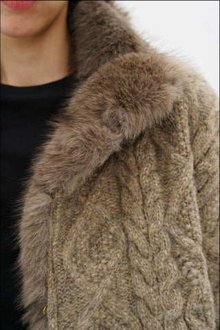 [MASONPRINCE] Cable Knit Fur Collar Wool Blend Cardigan