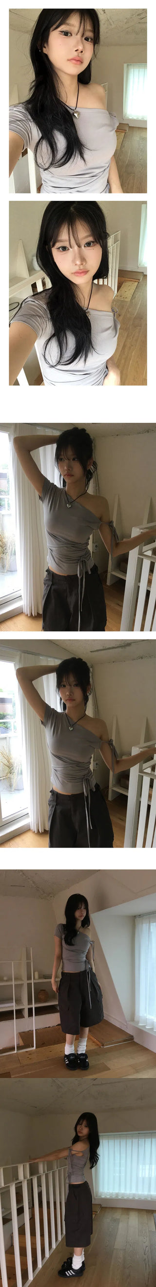 Off-shoulder ribbon ballet core t-shirt - 4 colors