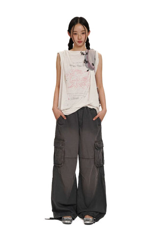 [Moromoro2] Washed Bow Graffiti Rhinestone Oversized  Tee