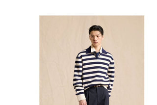 [CULTUM] Cotton Striped Open Collar Knit Sweater