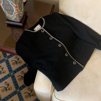 Bloom Cropped Collarless Tweed Jacket (Black)