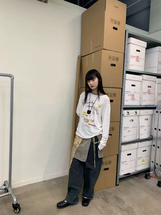 [NEVERSEEZ] Linen Blend Layered Neckline Long Sleeve Tee