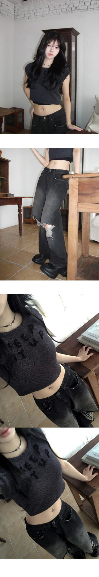 KARINA Front and back damage Faded unique black Black Denim pants