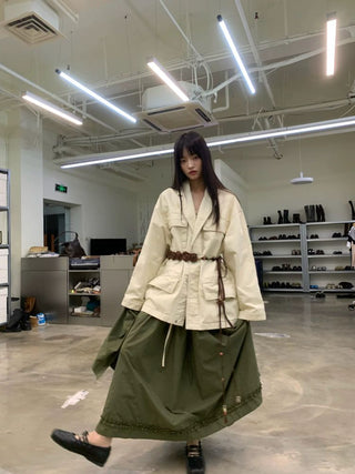 [NEVERSEEZ] Asymmetric Pocket A-Line Pleated Skirt