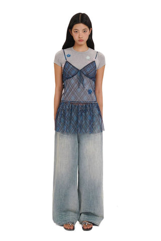 [Moromoro2] Rhinestone Bow Embroidered  Denim