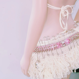 Fluffy rivet halter skull applique self tie mini skirt set