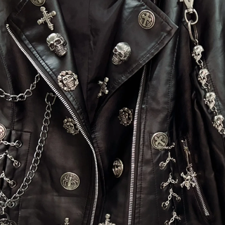 Long sleeve metal chain zip-up PU leather top