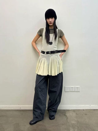 [NeverSeez] Mesh Layered Pleated Vest Dress