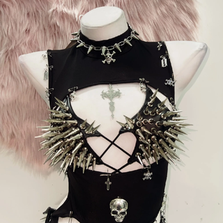 High neck rivet skull applique PU leather short pant set