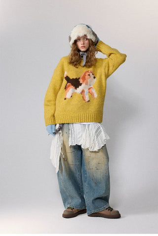[Monterest] Relaxed Fit Dog Pattern Knit Sweater