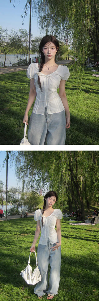 Picnic Ribbon Round Puff Pintuck Blouse - 2 Colors