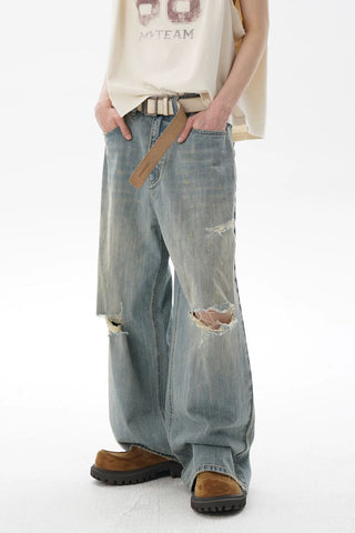 [MASONPRINCE] Washed Distressed Wide Leg Jeans