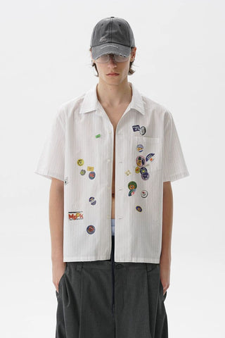 [MASONPRINCE] Striped Cotton Sticker Print Shirt