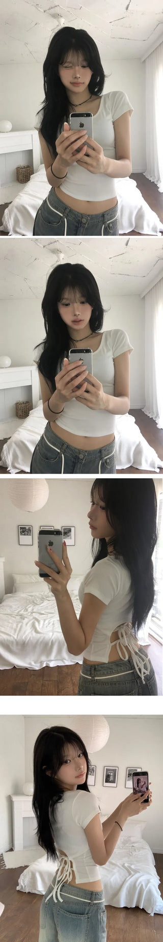 Ribbon Sweet Short Sleeve Strap T-Shirt - 4 Colors