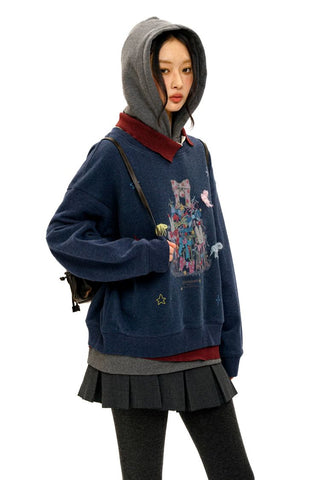 [Moromoro2] Bow Print Layered Hooded  Sweatshirt