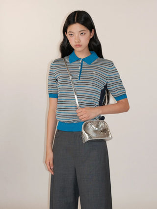 [Moromoro2] Tencel Linen Blend Striped Polo Knit  Top