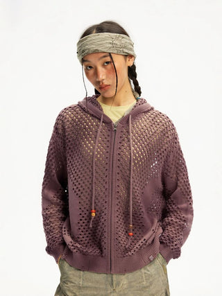 [Monterest] Spiral Mesh Washed Hooded Knit Cardigan