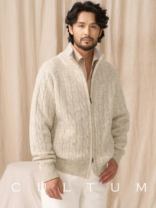 [CULTUM] Wool Blend Cable Knit Zip-Up Cardigan
