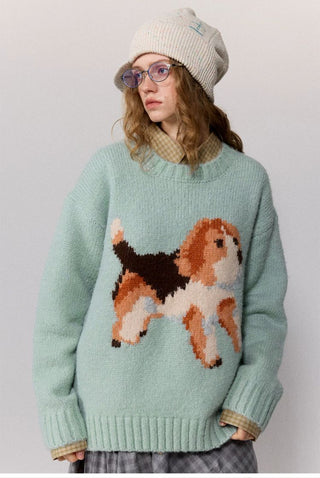 [Monterest] Relaxed Fit Dog Pattern Knit Sweater