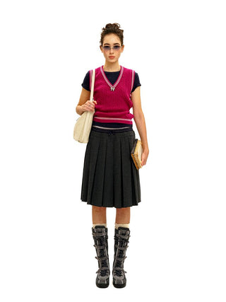 [Moromoro2] Linen Satin Plaid Pleated Skirt