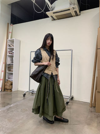 [NEVERSEEZ] Seersucker Check Ruffle Drawstring Shirt