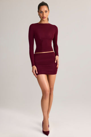 Modal Ruched Mid-Rise Mini Skirt in Wine Red