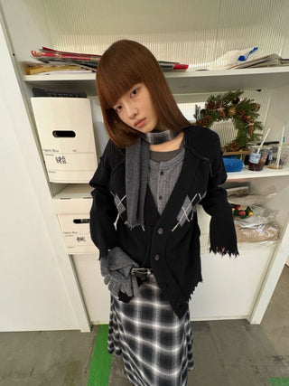 [NeverSeez] Argyle Layered Knit Cardigan