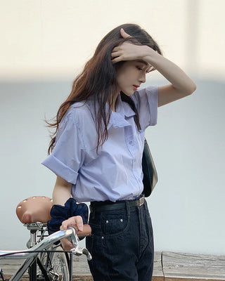 (7 colors) Double-stitched washed shirt