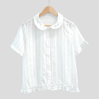 Flower button stripe border short-sleeved blouse