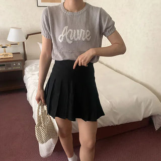 Lettering Short-Sleeve Knit Sweater