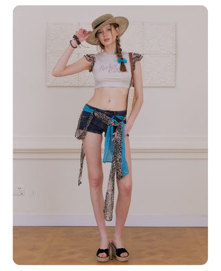 [NECY] Floral Leopard Flutter Crop Top