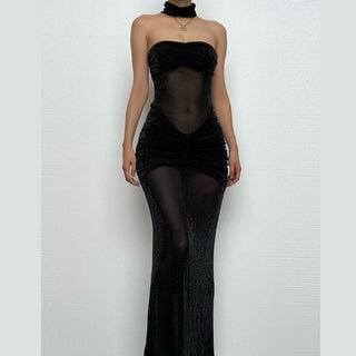 Sweetheart neck ruched see through glitter tube maxi dress