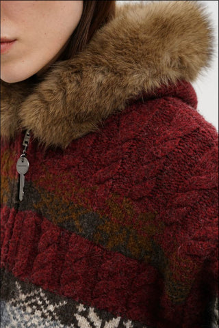 [MASONPRINCE] Fair Isle Fur Hood Wool Blend Cardigan
