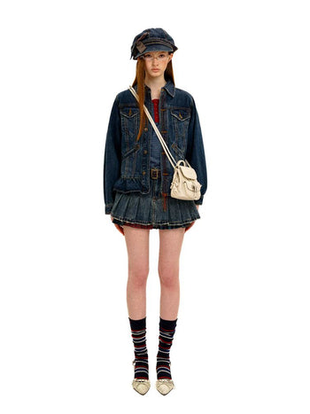 [Moromoro2] Denim Newsboy Cap with Plaid  Bow