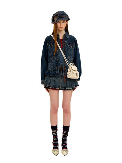[Moromoro2] Denim Newsboy Cap with Plaid  Bow