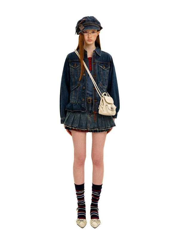 [Moromoro2] Denim Newsboy Cap with Plaid  Bow