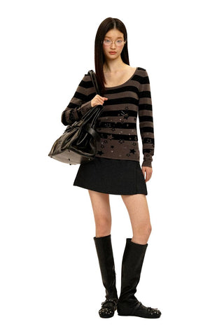 [Moromoro2] Star Striped Rhinestone Knit  Top