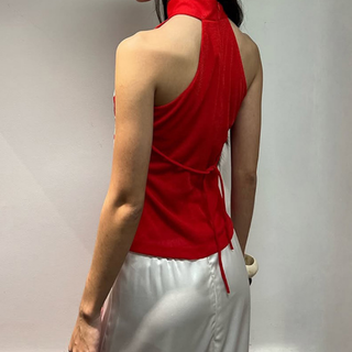 Hollow out print high neck contrast cut out top