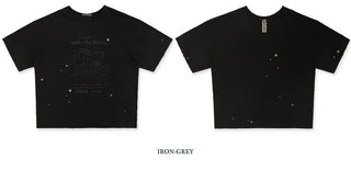 [Moromoro2] Washed Bow Graffiti Rhinestone Oversized  Tee