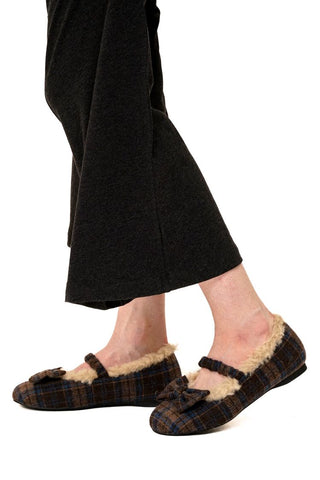 [Moromoro2] Plaid Bow Fur-Lined Ballet  Flats