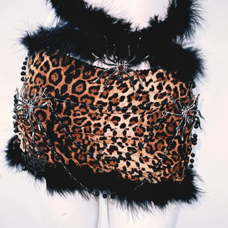 Leopard print spider applique fluffy mini skirt set