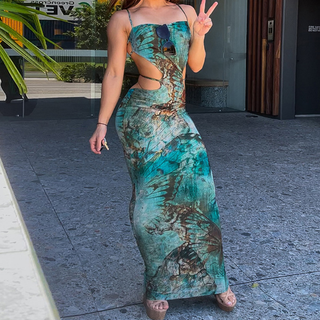 Square neck print o ring cami maxi dress