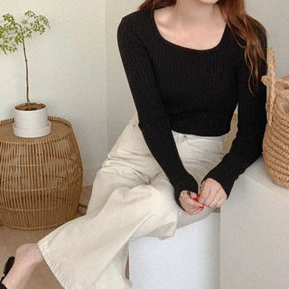 (5 colors) Ribbed Square Neck Knit Top