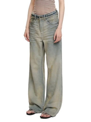 [Moromoro2] Washed Pleated Wide Leg Jeans