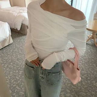 Shirred Asymmetrical Off-Shoulder Long T-Shirt