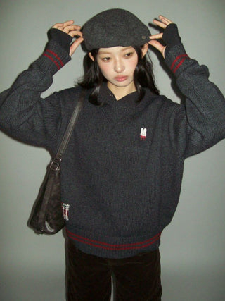 [Moromoro2] Rabbit Embroidered Contrast  Knit