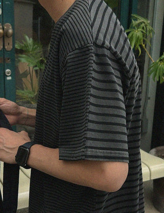 Asymmetrical Pigment Striped Short Sleeve T-shirt (4 colors)
