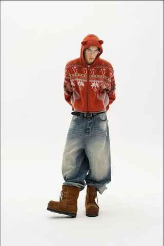 [MASONPRINCE] Funny Bear Fleece Lined Hooded Knit