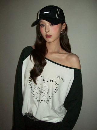 [Moromoro2] Y2K Bunny Print Wide Neckline Raglan  Tee