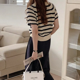 Striped short-sleeved knit top